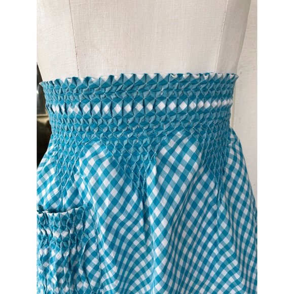 Vintage Turquoise Blue Gingham Check Smocked Half Apron Farmhouse - Picture 2 of 8